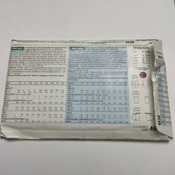 1994 See & Sew Butterick 3539 PATTERN Jacket Skirt Top Size 12 14 16 - Picture 2 of 3